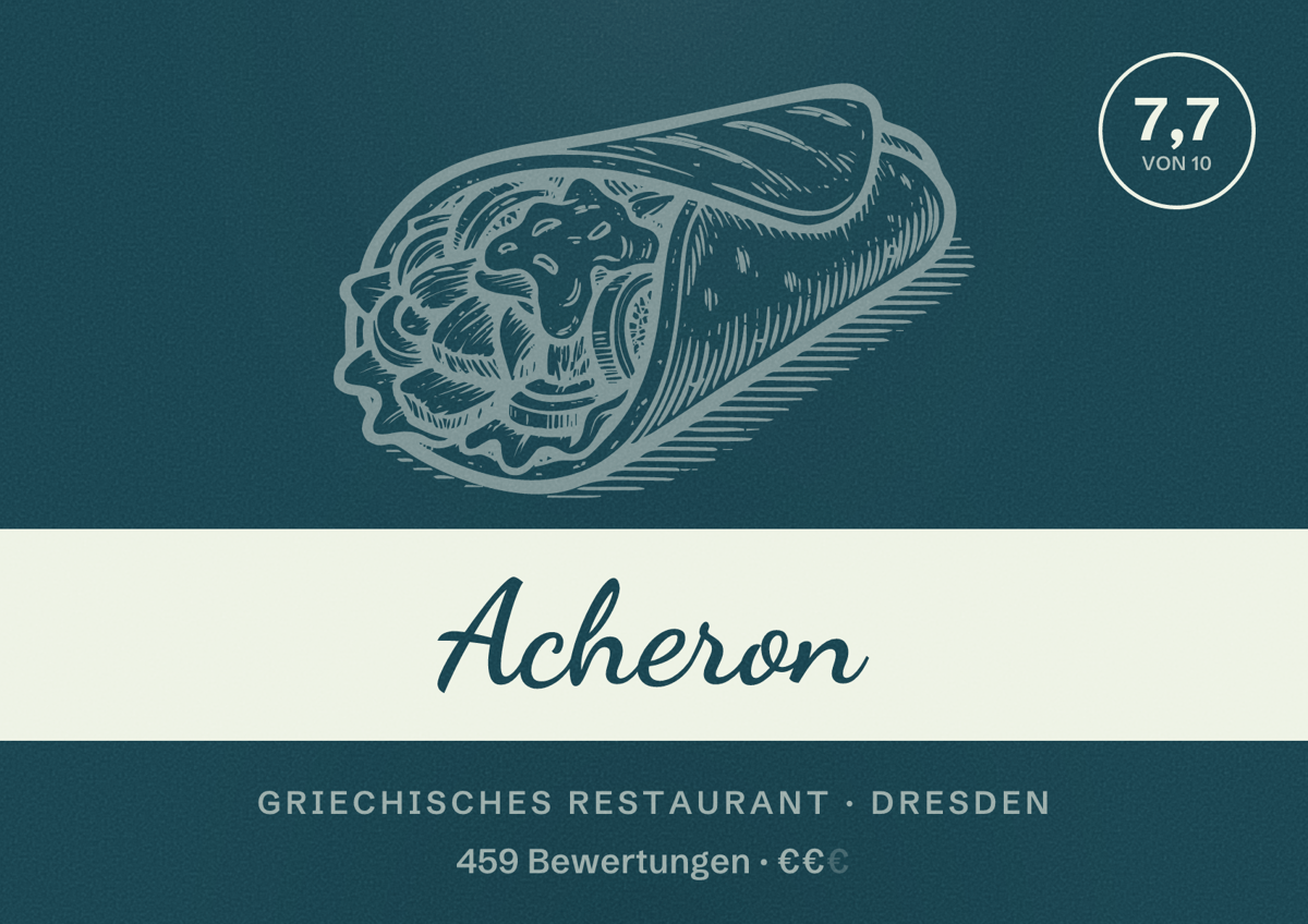Illustriertes Poster von Acheron, Griechisches Restaurant in Dresden: Bewertung 7,7 von 10 aus 459 Bewertungen, Preisniveau €€