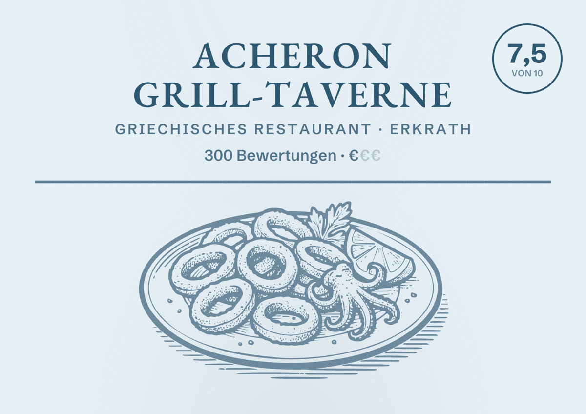 Illustriertes Poster von Acheron Grill-Taverne, Griechisches Restaurant in Erkrath: Bewertung 7,5 von 10 aus 300 Bewertungen, Preisniveau €