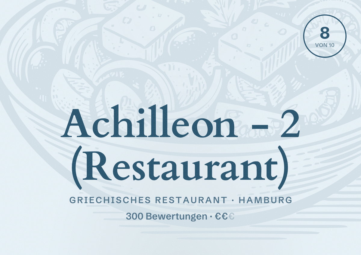 Illustriertes Poster von Achilleon - 2 (Restaurant), Griechisches Restaurant in Hamburg: Bewertung 8 von 10 aus 300 Bewertungen, Preisniveau €€