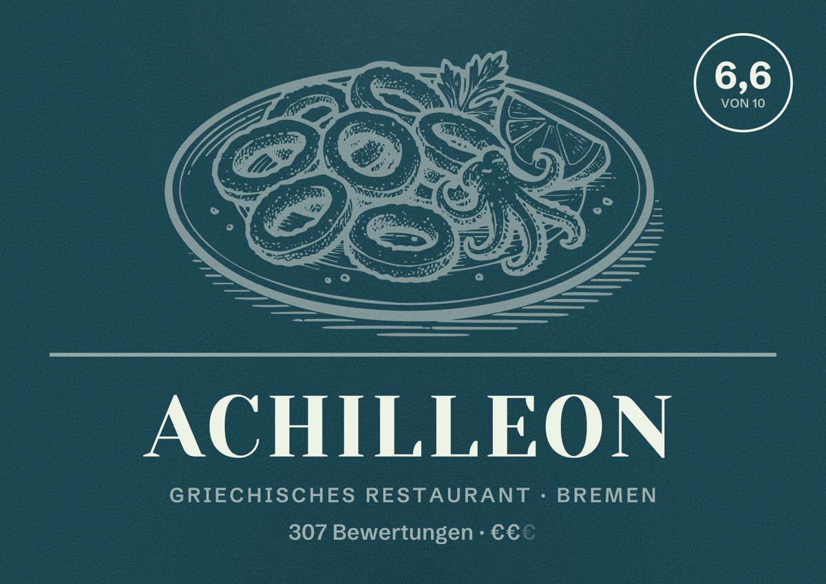 Illustriertes Poster von Achilleon, Griechisches Restaurant in Bremen: Bewertung 6,6 von 10 aus 307 Bewertungen, Preisniveau €€