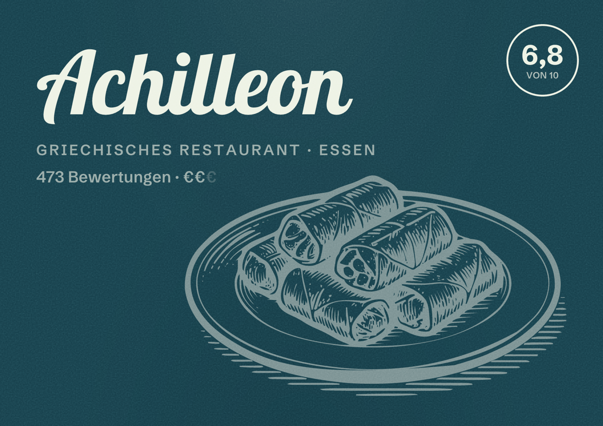 Illustriertes Poster von Achilleon, Griechisches Restaurant in Essen: Bewertung 6,8 von 10 aus 473 Bewertungen, Preisniveau €€