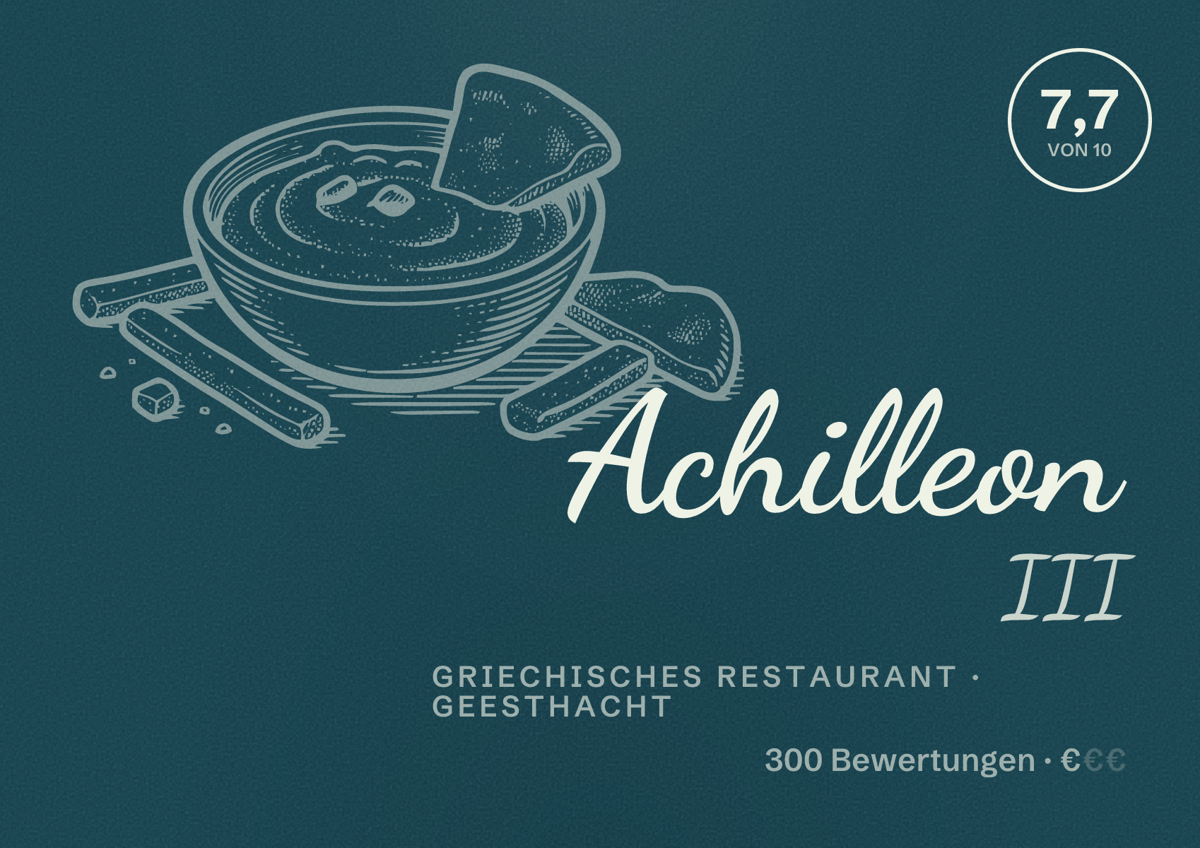 Illustriertes Poster von Achilleon III, Griechisches Restaurant in Geesthacht: Bewertung 7,7 von 10 aus 300 Bewertungen, Preisniveau €