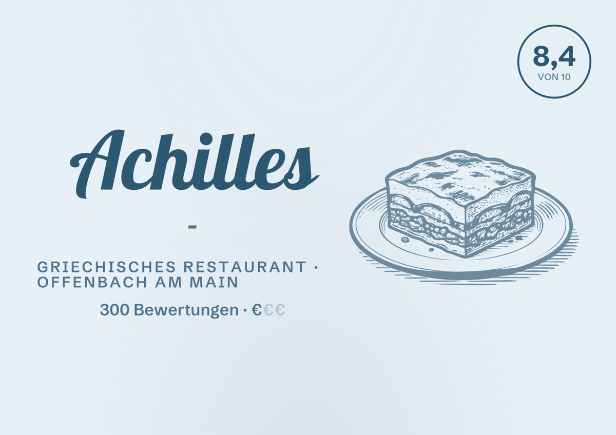 Illustriertes Poster von Achilles -, Griechisches Restaurant in Offenbach am Main: Bewertung 8,4 von 10 aus 300 Bewertungen, Preisniveau €