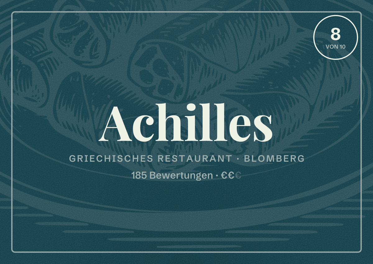 Illustriertes Poster von Achilles, Griechisches Restaurant in Blomberg: Bewertung 8 von 10 aus 185 Bewertungen, Preisniveau €€