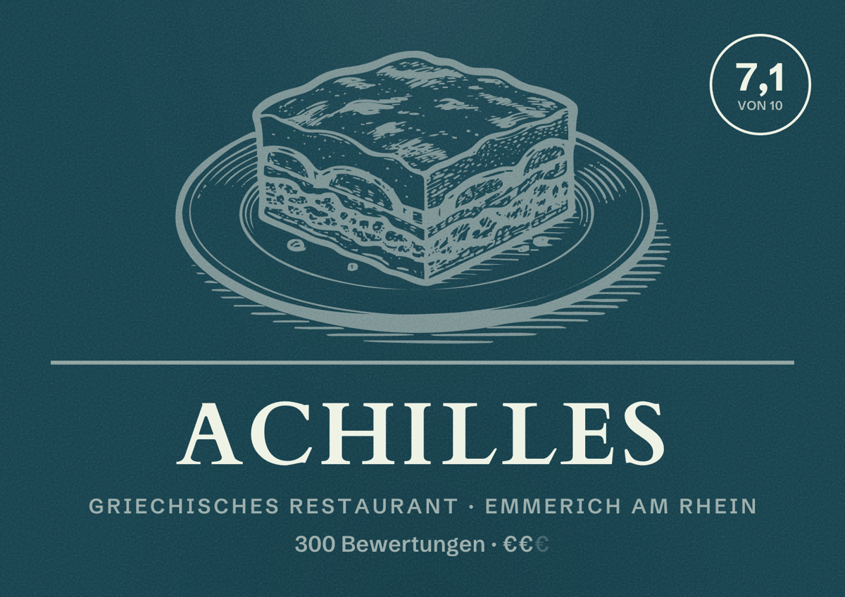 Illustriertes Poster von Achilles, Griechisches Restaurant in Emmerich am Rhein: Bewertung 7,1 von 10 aus 300 Bewertungen, Preisniveau €€