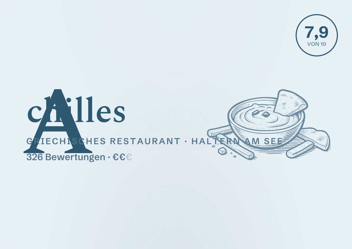 Illustriertes Poster von Achilles, Griechisches Restaurant in Haltern am See: Bewertung 7,9 von 10 aus 326 Bewertungen, Preisniveau €€