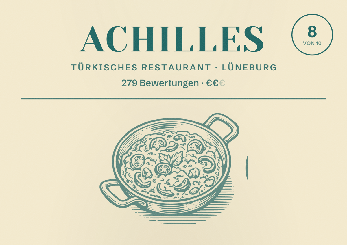 Illustriertes Poster von Achilles, Türkisches Restaurant in Lüneburg: Bewertung 8 von 10 aus 279 Bewertungen, Preisniveau €€