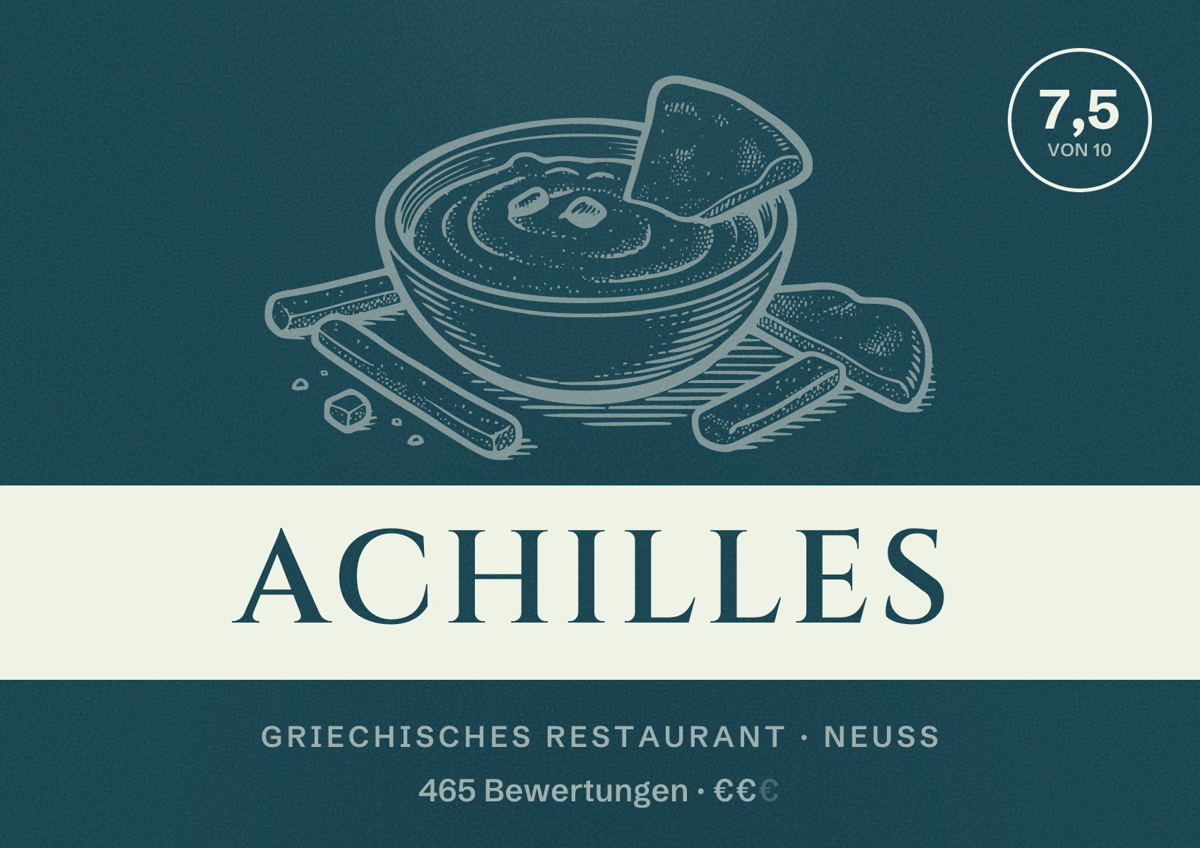 Illustriertes Poster von Achilles, Griechisches Restaurant in Neuss: Bewertung 7,5 von 10 aus 465 Bewertungen, Preisniveau €€