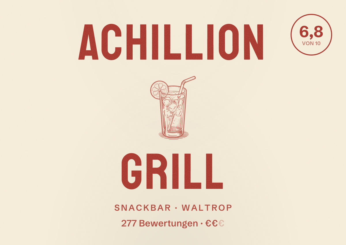 Illustriertes Poster von Achillion Grill, Snackbar in Waltrop: Bewertung 6,8 von 10 aus 277 Bewertungen, Preisniveau €€