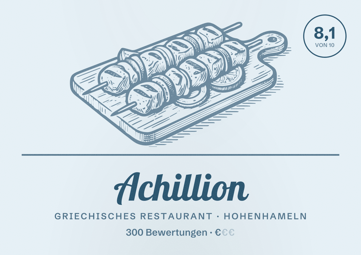 Illustriertes Poster von Achillion, Griechisches Restaurant in Hohenhameln: Bewertung 8,1 von 10 aus 300 Bewertungen, Preisniveau €