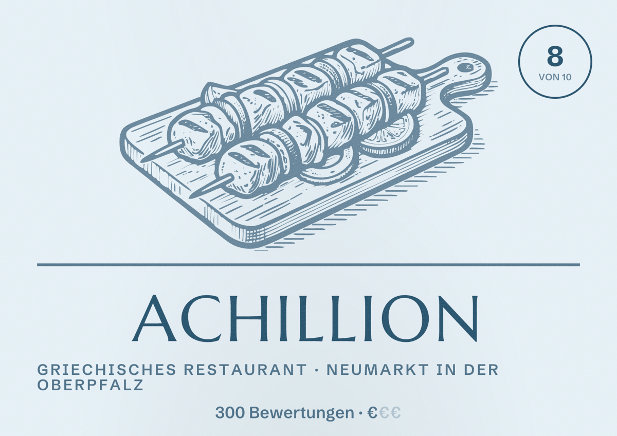 Illustriertes Poster von Achillion, Griechisches Restaurant in Neumarkt in der Oberpfalz: Bewertung 8 von 10 aus 300 Bewertungen, Preisniveau €