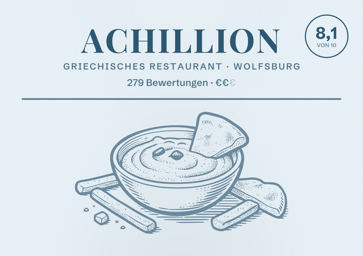 Illustriertes Poster von Achillion, Griechisches Restaurant in Wolfsburg: Bewertung 8,1 von 10 aus 279 Bewertungen, Preisniveau €€