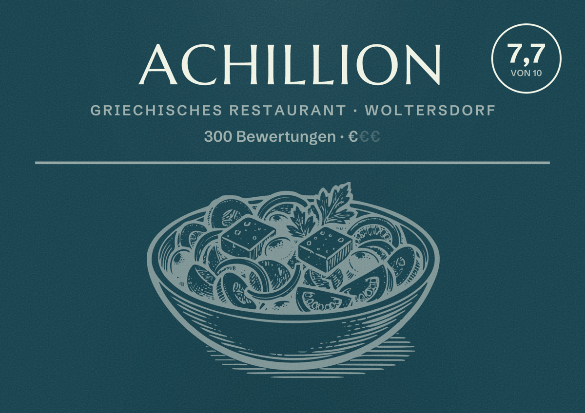 Illustriertes Poster von Achillion, Griechisches Restaurant in Woltersdorf: Bewertung 7,7 von 10 aus 300 Bewertungen, Preisniveau €
