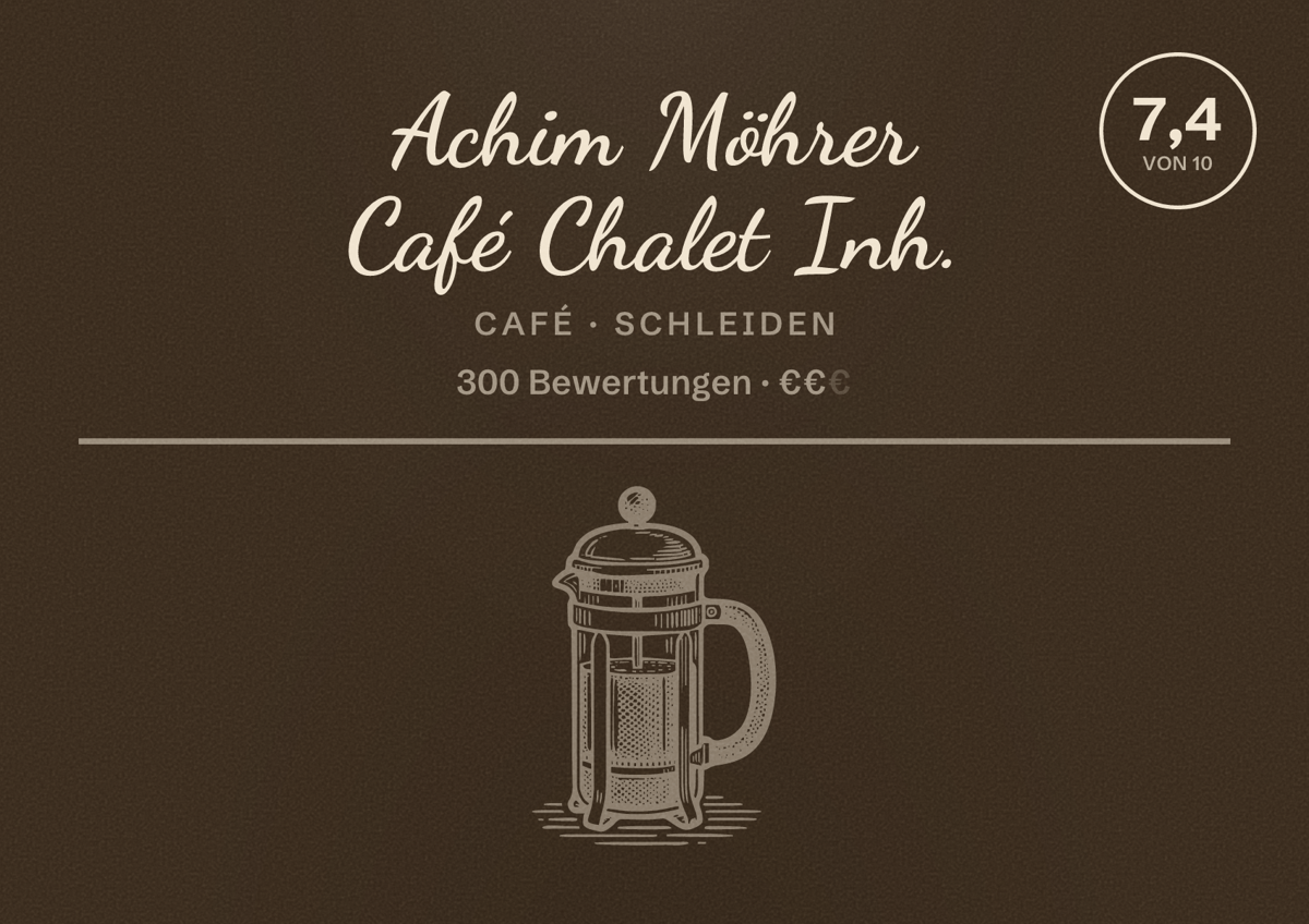 Illustriertes Poster von Achim Möhrer Café Chalet Inh., Café in Schleiden: Bewertung 7,4 von 10 aus 300 Bewertungen, Preisniveau €€