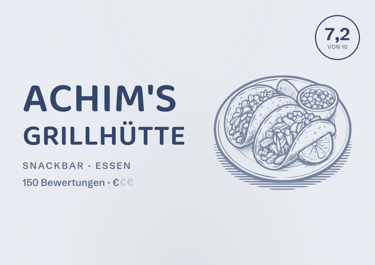 Illustriertes Poster von Achim's Grillhütte, Snackbar in Essen: Bewertung 7,2 von 10 aus 150 Bewertungen, Preisniveau €