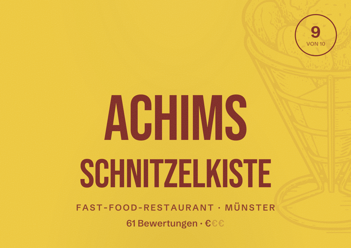 Illustriertes Poster von Achims Schnitzelkiste, Fast-Food-Restaurant in Münster: Gästebewertung 9 von 10 aus 61 Bewertungen
