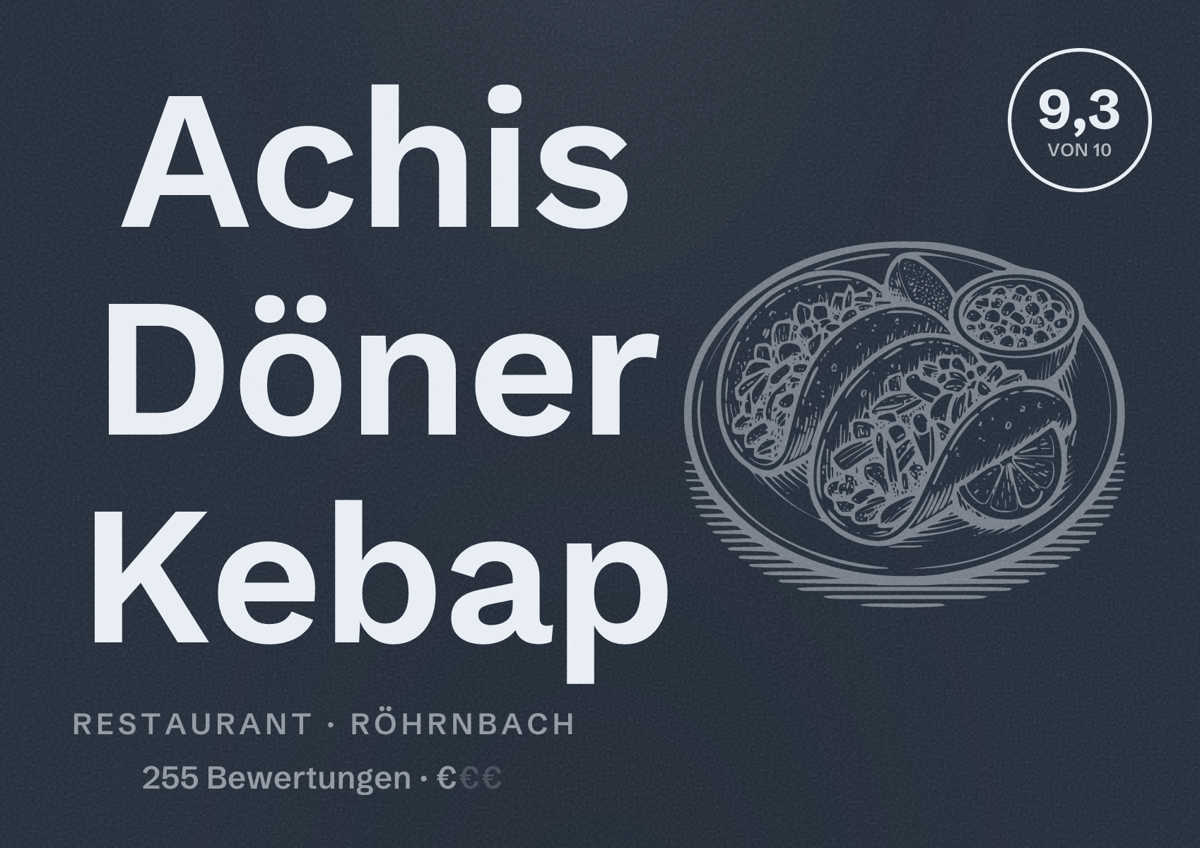 Illustriertes Poster von Achis Döner Kebap, Restaurant in Röhrnbach: Bewertung 9,3 von 10 aus 255 Bewertungen, Preisniveau €