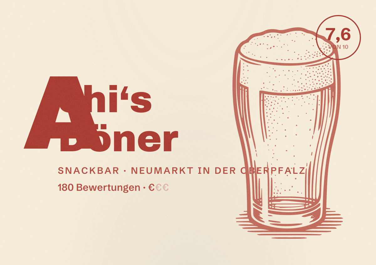 Illustriertes Poster von Achi‘s Döner, Snackbar in Neumarkt in der Oberpfalz: Bewertung 7,6 von 10 aus 180 Bewertungen, Preisniveau €