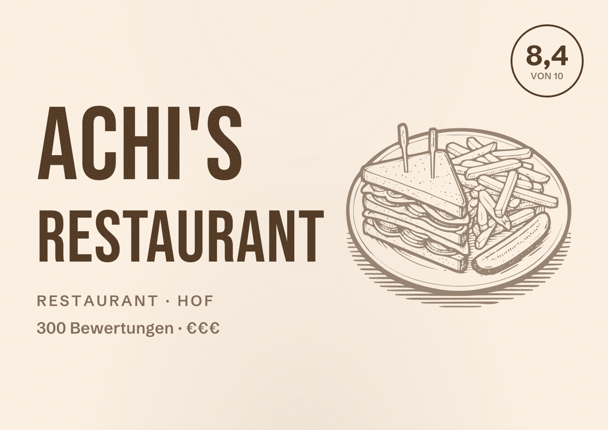 Illustriertes Poster von Achi's Restaurant, Restaurant in Hof: Bewertung 8,4 von 10 aus 300 Bewertungen, Preisniveau €€€