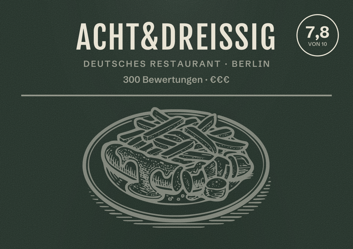 Illustriertes Poster von acht&dreissig, Deutsches Restaurant in Berlin: Bewertung 7,8 von 10 aus 300 Bewertungen, Preisniveau €€€