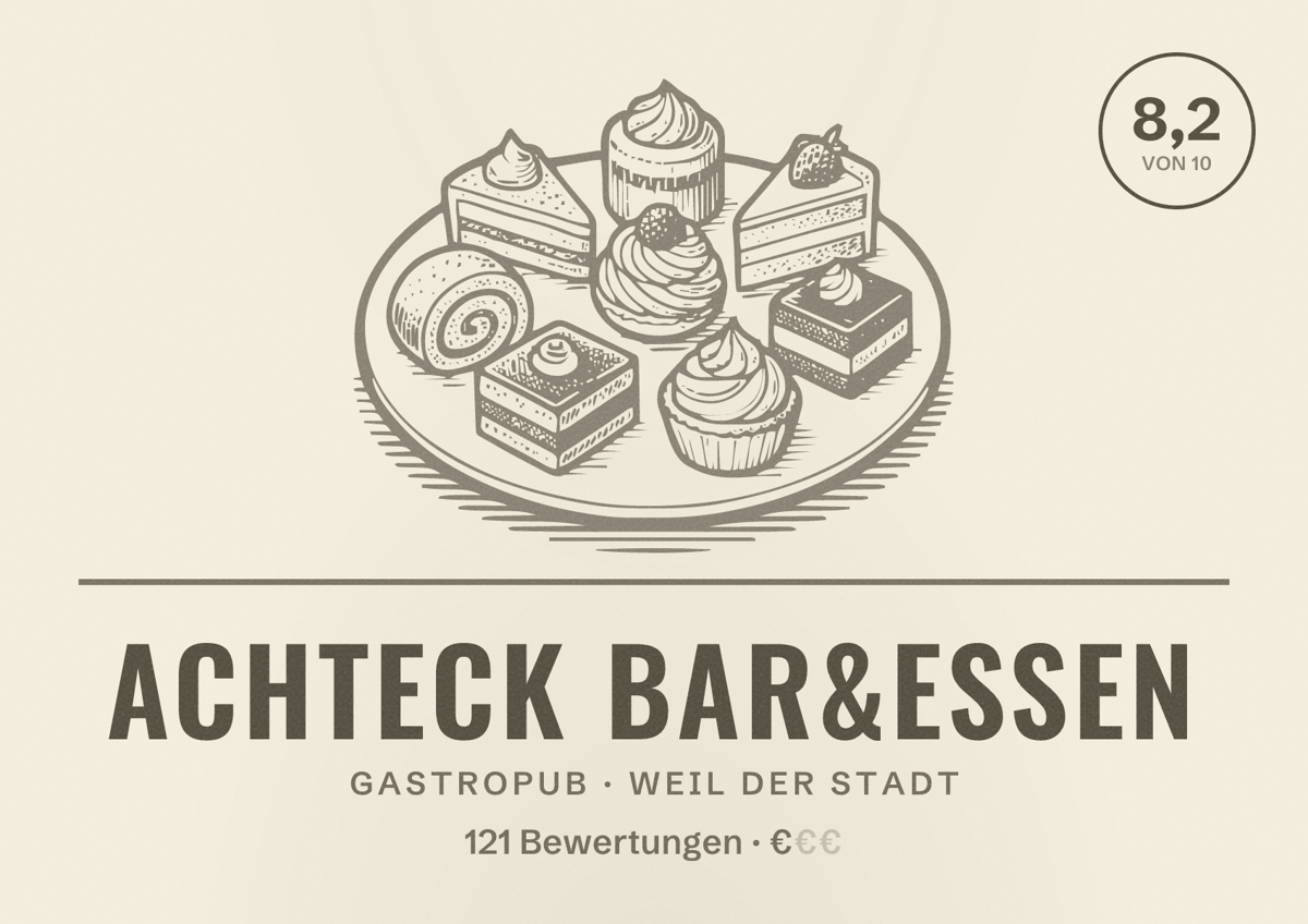 Illustriertes Poster von Achteck Bar&Essen, Gastropub in Weil der Stadt: Bewertung 8,2 von 10 aus 121 Bewertungen, Preisniveau €