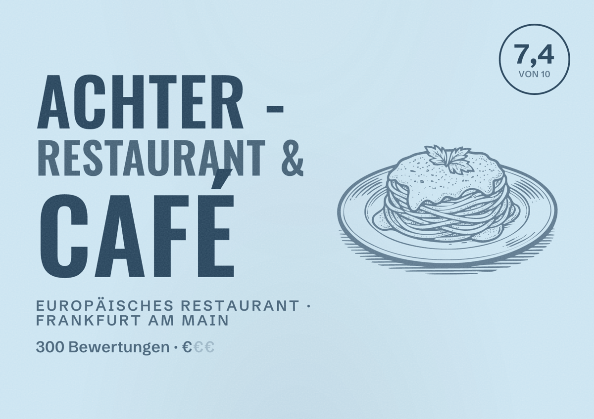 Illustriertes Poster von Achter - Restaurant & Café, Europäisches Restaurant in Frankfurt am Main: Bewertung 7,4 von 10 aus 300 Bewertungen, Preisniveau €