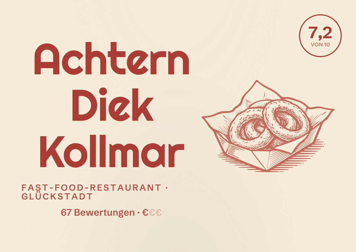 Illustriertes Poster von Achtern Diek Kollmar, Fast-Food-Restaurant in Glückstadt: Bewertung 7,2 von 10 aus 67 Bewertungen, Preisniveau €