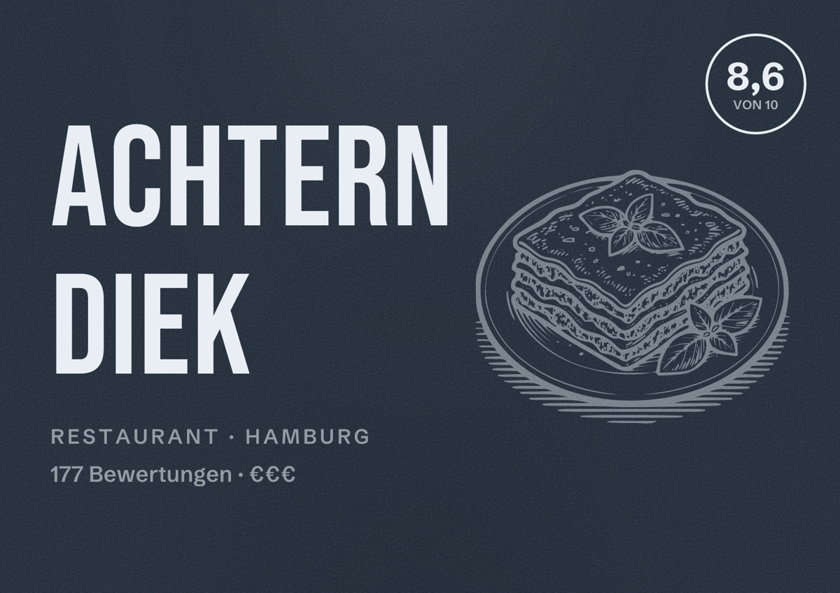 Illustriertes Poster von Achtern Diek, Restaurant in Hamburg: Bewertung 8,6 von 10 aus 177 Bewertungen, Preisniveau €€€