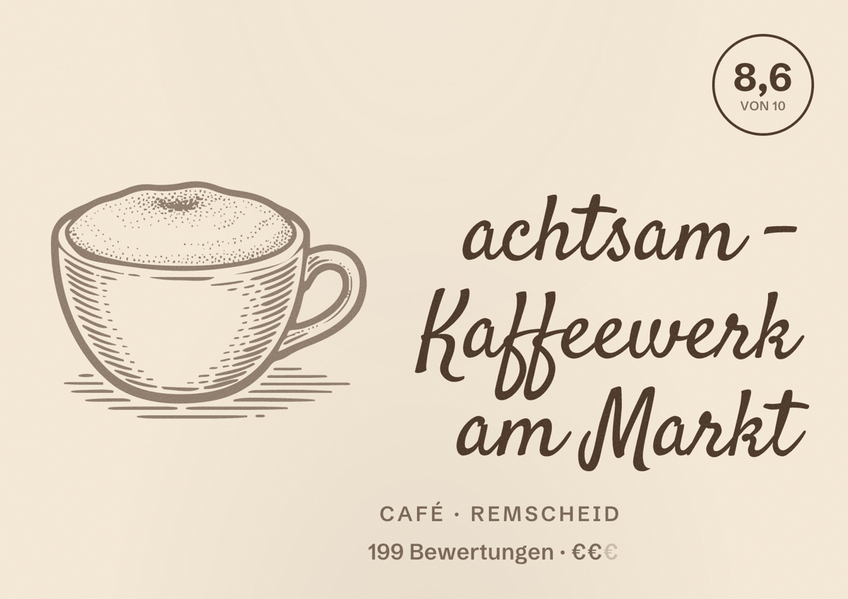 Illustriertes Poster von achtsam - Kaffeewerk am Markt, Café in Remscheid: Bewertung 8,6 von 10 aus 199 Bewertungen, Preisniveau €€