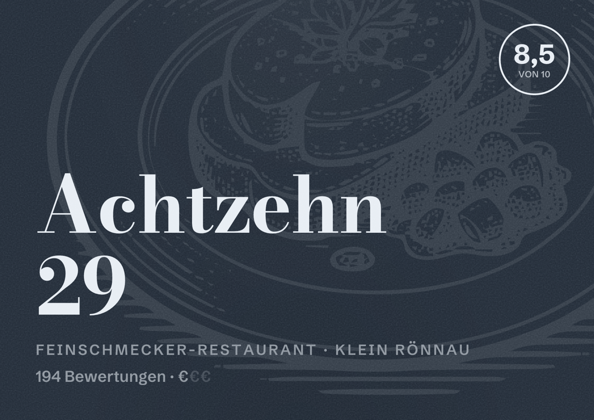 Illustriertes Poster von Achtzehn 29, Feinschmecker-Restaurant in Klein Rönnau: Bewertung 8,5 von 10 aus 194 Bewertungen, Preisniveau €