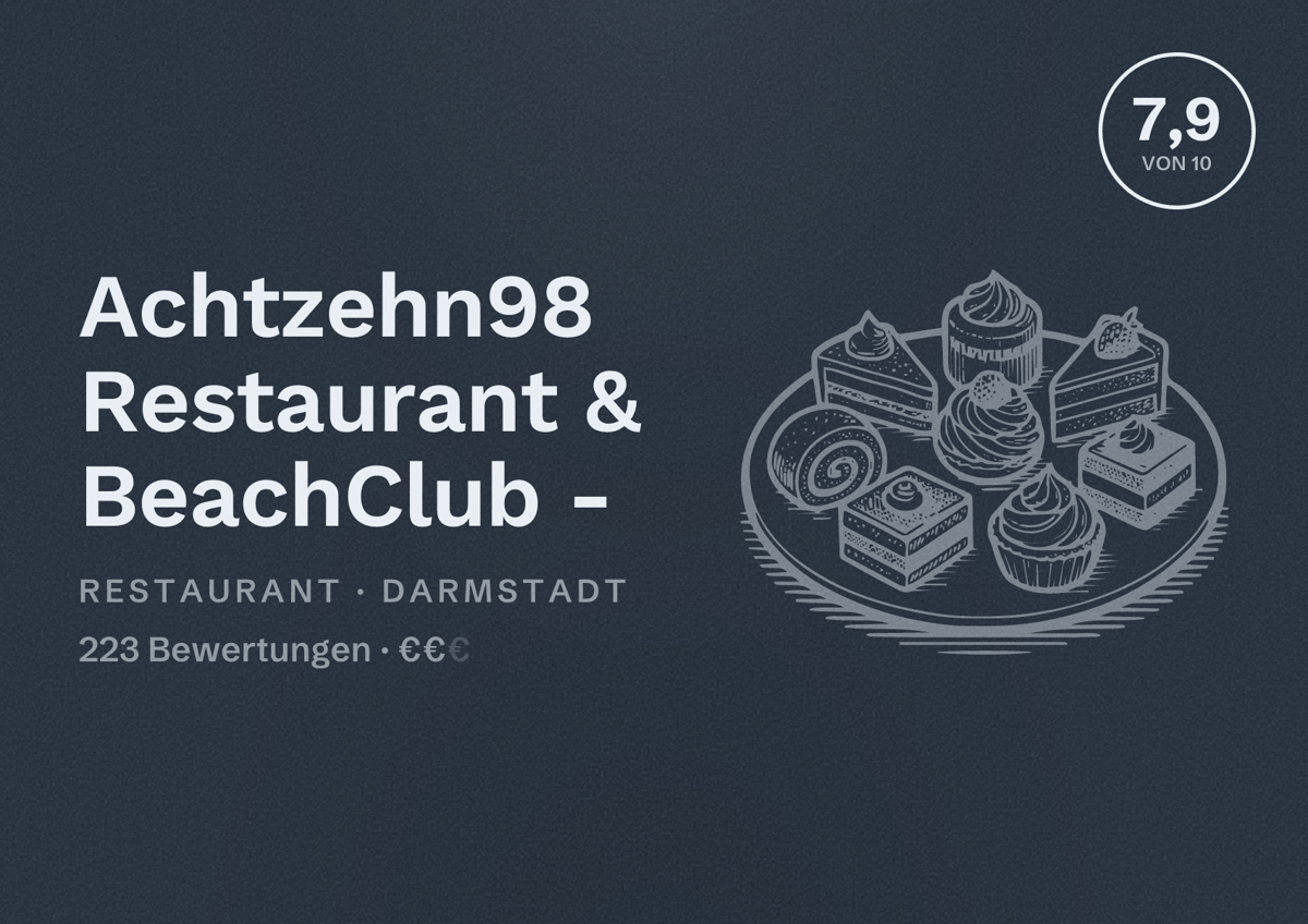 Illustriertes Poster von Achtzehn98 Restaurant & BeachClub -, Restaurant in Darmstadt: Bewertung 7,9 von 10 aus 223 Bewertungen, Preisniveau €€