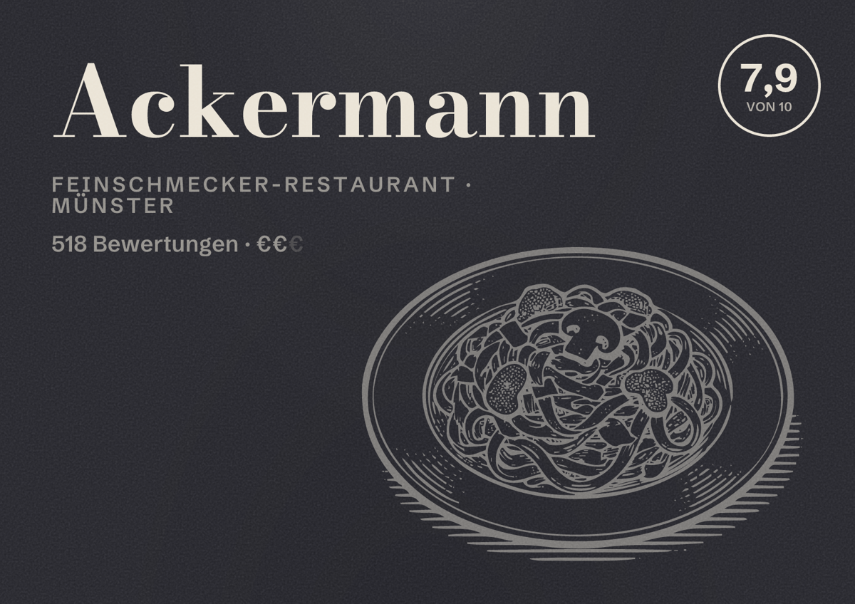 Illustriertes Poster von Ackermann, Feinschmecker-Restaurant in Münster: Bewertung 7,9 von 10 aus 518 Bewertungen, Preisniveau €€