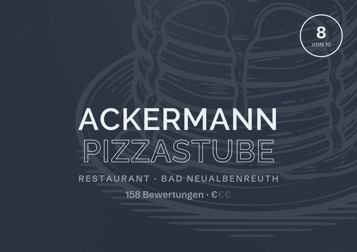 Illustriertes Poster von Ackermann Pizzastube, Restaurant in Bad Neualbenreuth: Bewertung 8 von 10 aus 158 Bewertungen, Preisniveau €