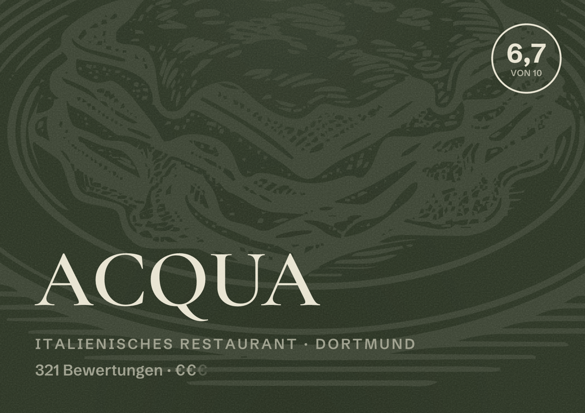 Illustriertes Poster von ACQUA, Italienisches Restaurant in Dortmund: Bewertung 6,7 von 10 aus 321 Bewertungen, Preisniveau €€