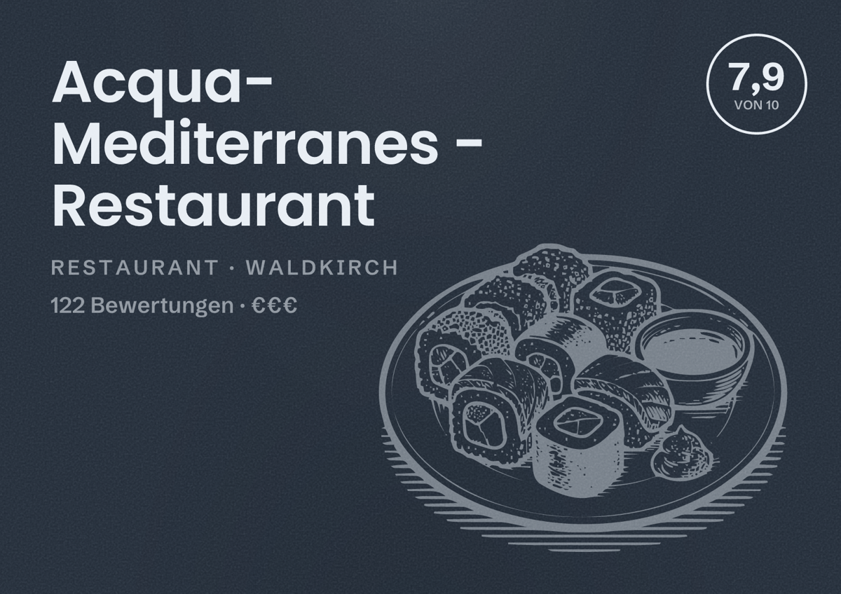 Illustriertes Poster von Acqua- Mediterranes - Restaurant, Restaurant in Waldkirch: Bewertung 7,9 von 10 aus 122 Bewertungen, Preisniveau €€€
