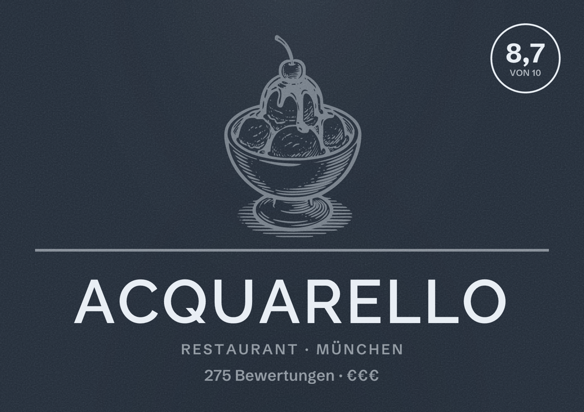 Illustriertes Poster von Acquarello, Restaurant in München: Bewertung 8,7 von 10 aus 275 Bewertungen, Preisniveau €€€