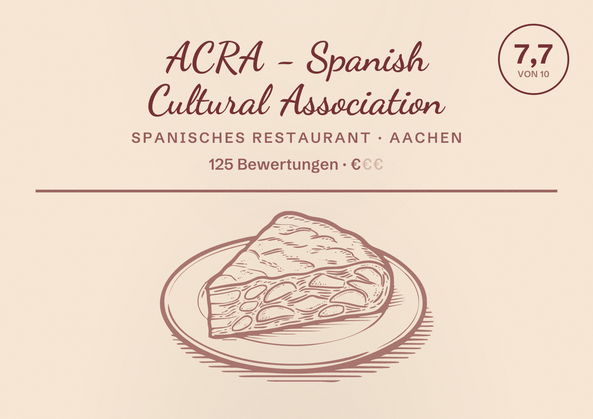 Illustriertes Poster von ACRA - Spanish Cultural Association, Spanisches Restaurant in Aachen: Bewertung 7,7 von 10 aus 125 Bewertungen, Preisniveau €