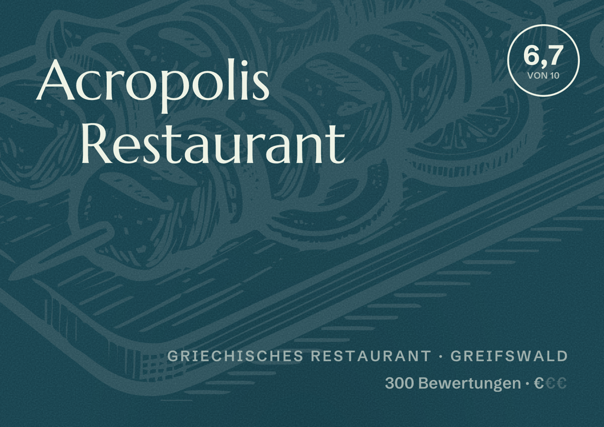 Illustriertes Poster von Acropolis Restaurant, Griechisches Restaurant in Greifswald: Bewertung 6,7 von 10 aus 300 Bewertungen, Preisniveau €
