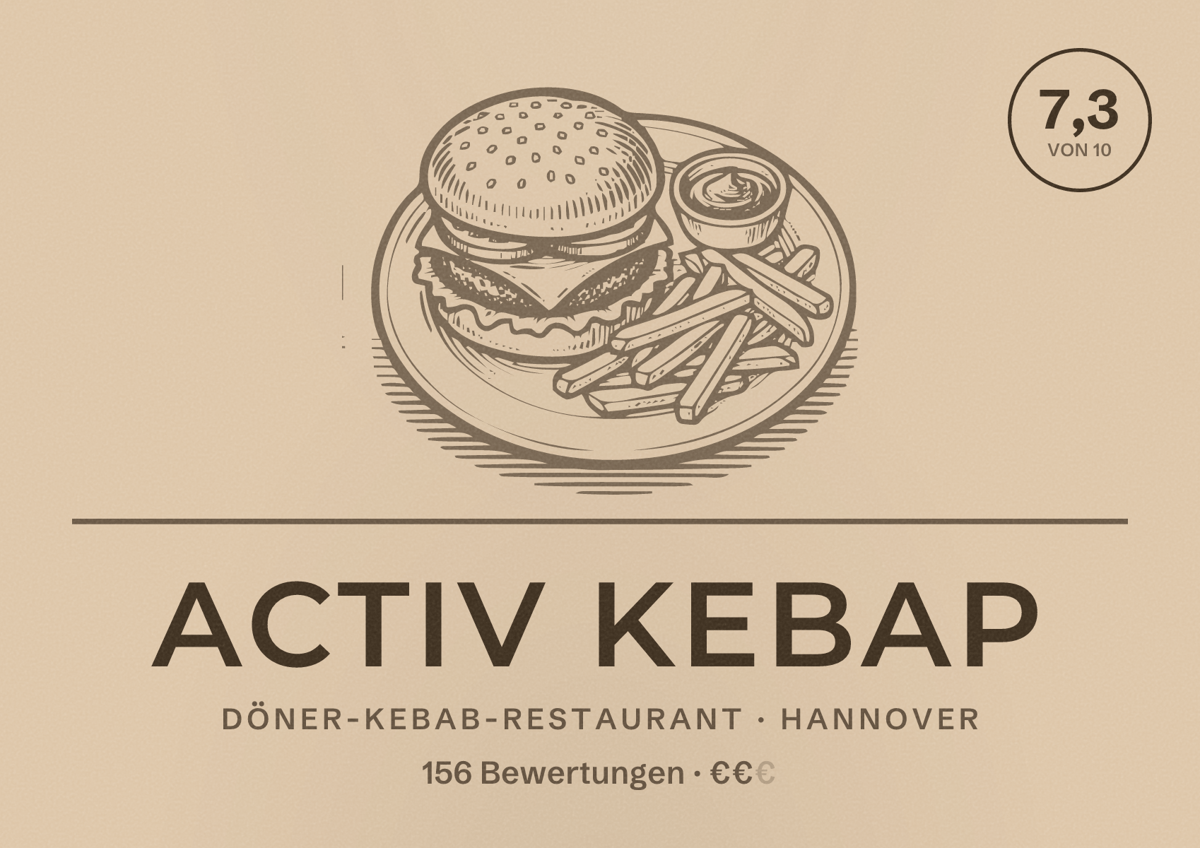 Illustriertes Poster von ACTIV KEBAP, Döner-Kebab-Restaurant in Hannover: Bewertung 7,3 von 10 aus 156 Bewertungen, Preisniveau €€