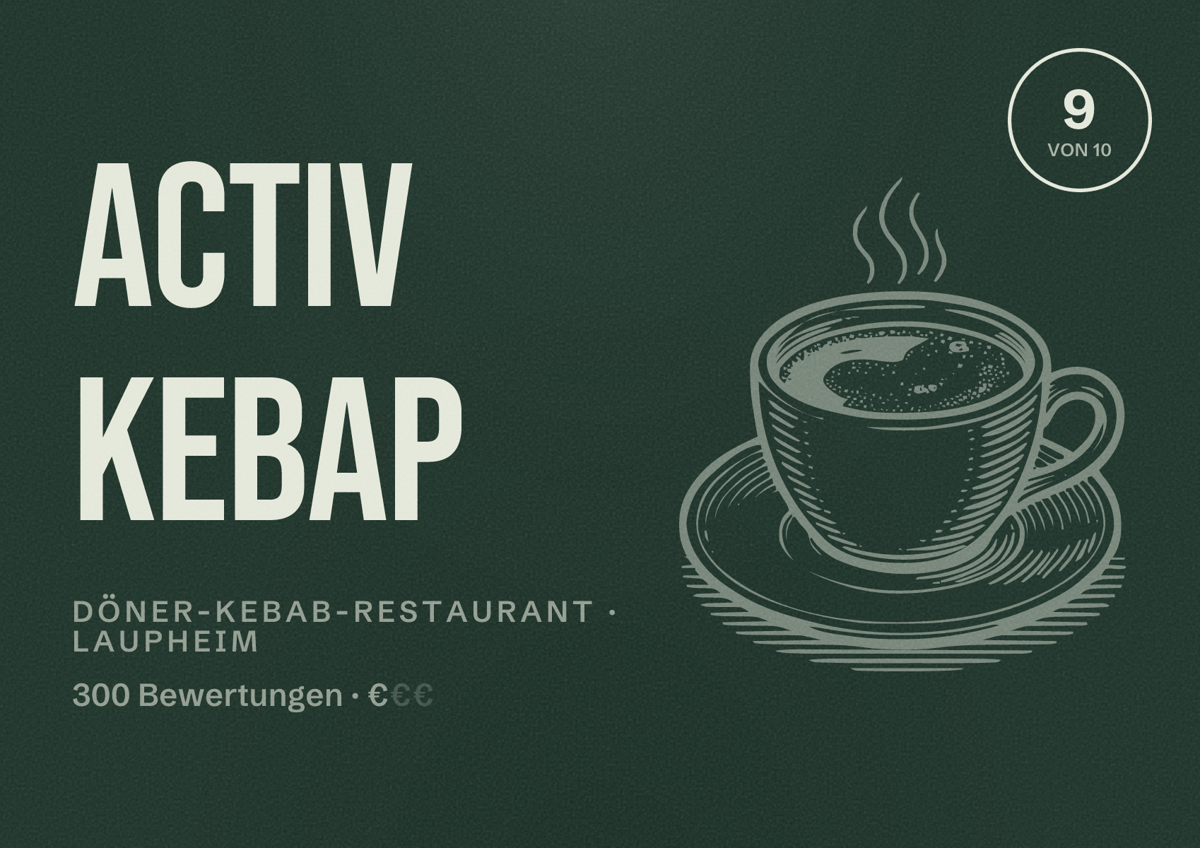 Illustriertes Poster von ACTIV KEBAP, Döner-Kebab-Restaurant in Laupheim: Bewertung 9 von 10 aus 300 Bewertungen, Preisniveau €
