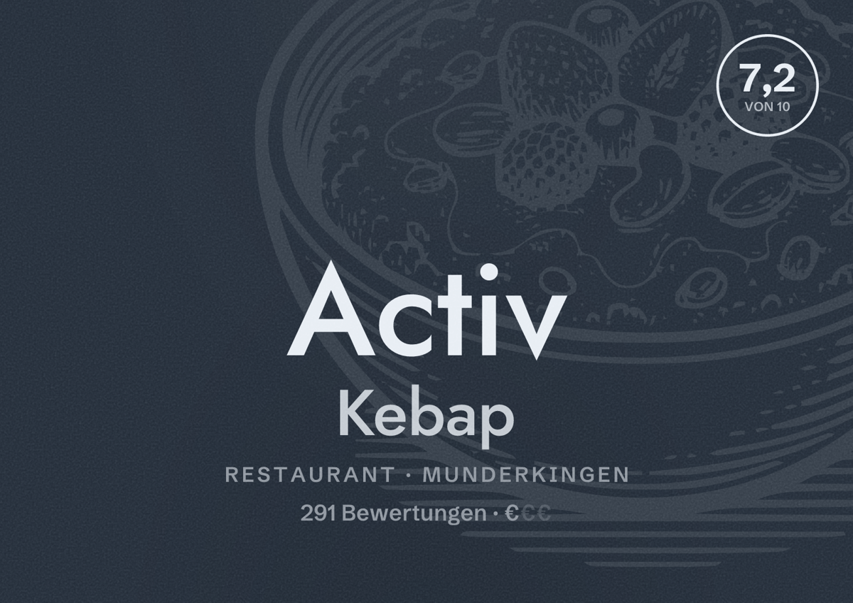 Illustriertes Poster von Activ Kebap, Restaurant in Munderkingen: Bewertung 7,2 von 10 aus 291 Bewertungen, Preisniveau €