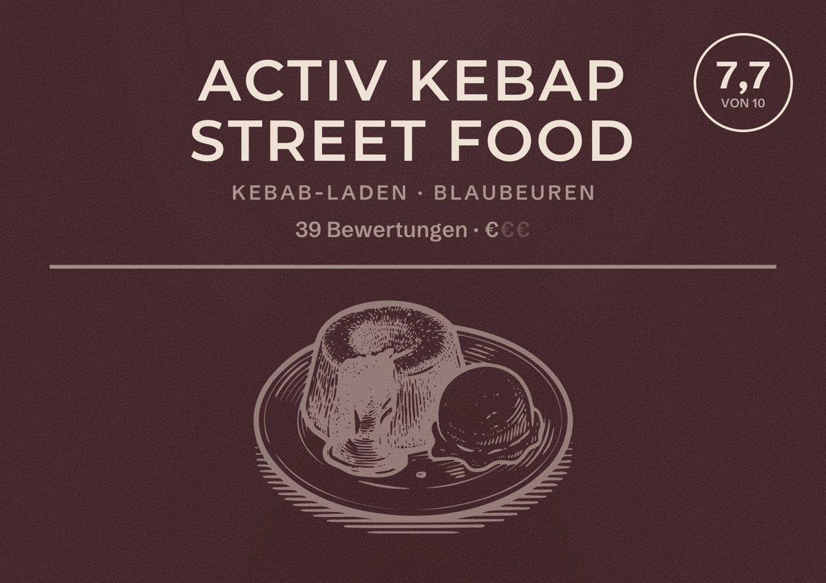 Illustriertes Poster von Activ Kebap Street Food, Kebab-Laden in Blaubeuren: Bewertung 7,7 von 10 aus 39 Bewertungen, Preisniveau €