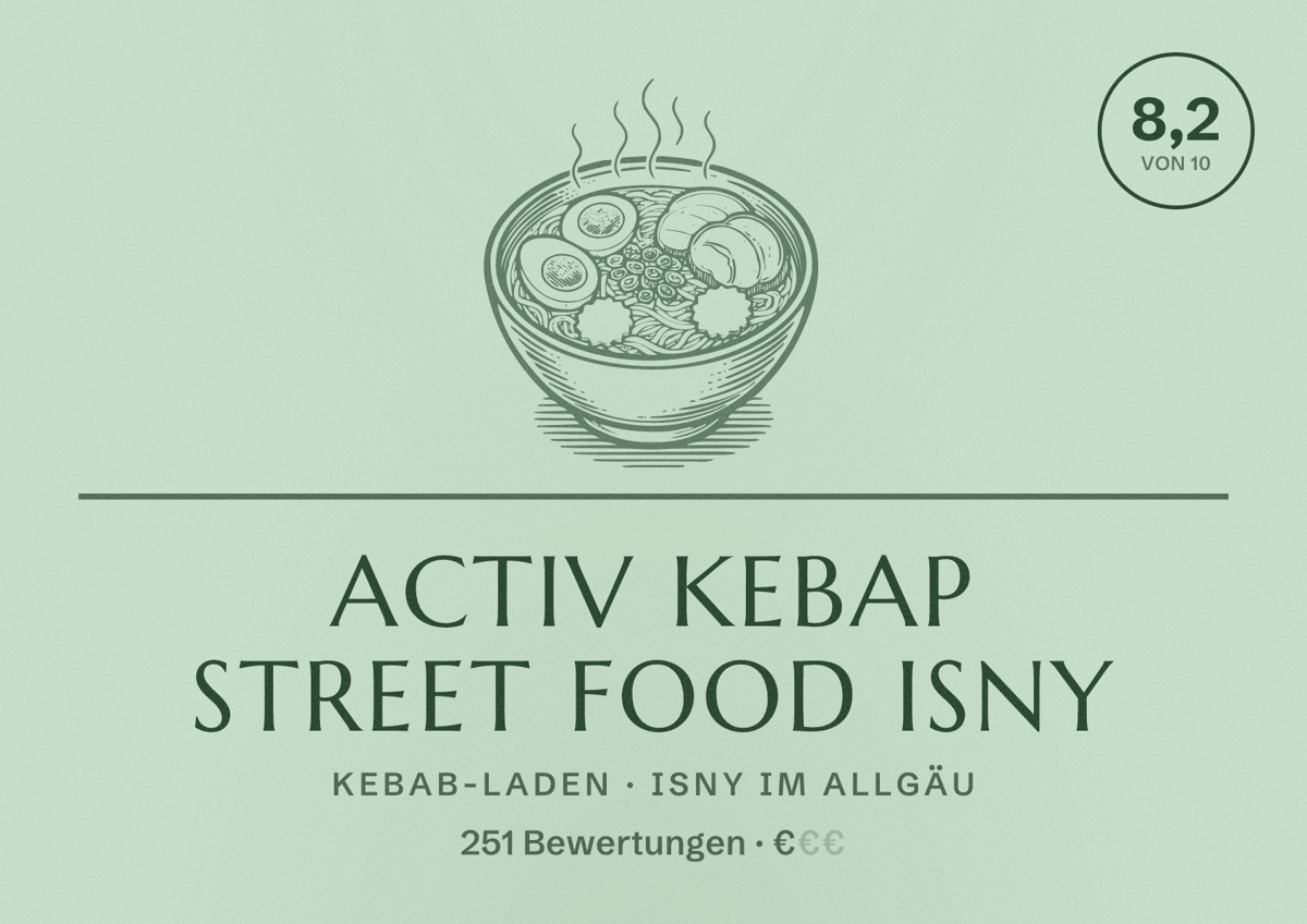 Illustriertes Poster von Activ Kebap Street Food Isny, Kebab-Laden in Isny im Allgäu: Bewertung 8,2 von 10 aus 251 Bewertungen, Preisniveau €