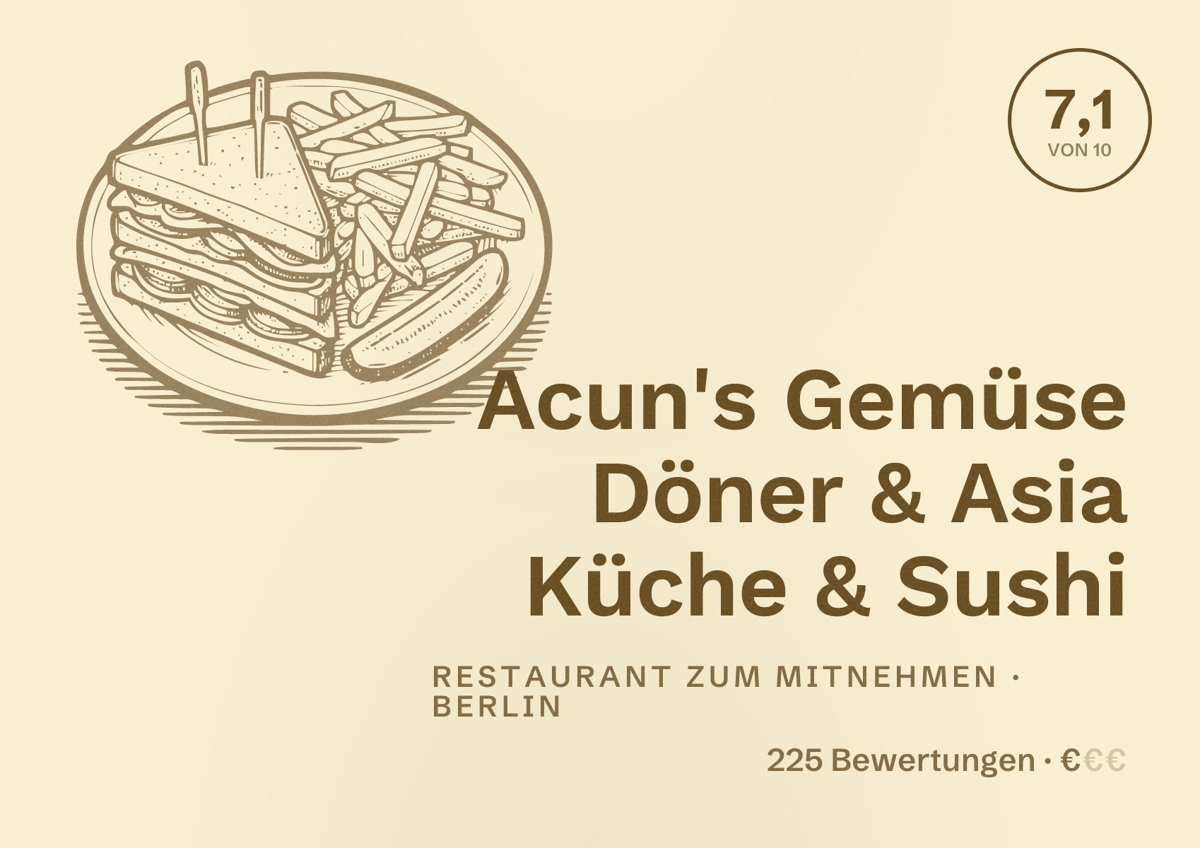 Illustriertes Poster von Acun's Gemüse Döner & Asia Küche & Sushi, Restaurant zum Mitnehmen in Berlin: Bewertung 7,1 von 10 aus 225 Bewertungen, Preisniveau €