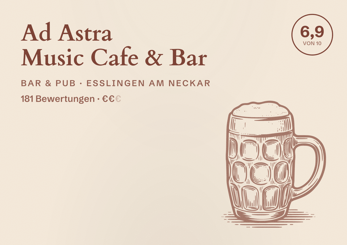 Illustriertes Poster von Ad Astra Music Cafe & Bar, Bar & Pub in Esslingen am Neckar: Bewertung 6,9 von 10 aus 181 Bewertungen, Preisniveau €€