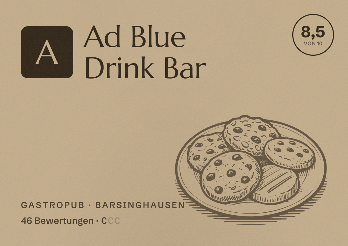 Illustriertes Poster von Ad Blue Drink Bar, Gastropub in Barsinghausen: Bewertung 8,5 von 10 aus 46 Bewertungen, Preisniveau €