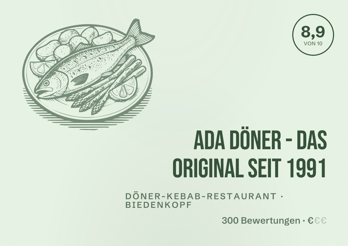 Illustriertes Poster von ADA Döner - Das Original seit 1991, Döner-Kebab-Restaurant in Biedenkopf: Bewertung 8,9 von 10 aus 300 Bewertungen, Preisniveau €
