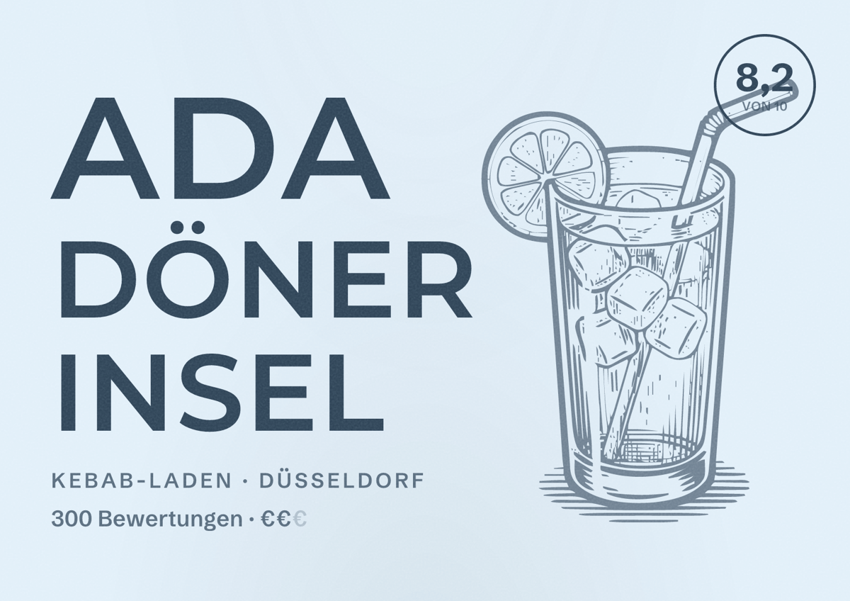 Illustriertes Poster von Ada Döner Insel, Kebab-Laden in Düsseldorf: Bewertung 8,2 von 10 aus 300 Bewertungen, Preisniveau €€