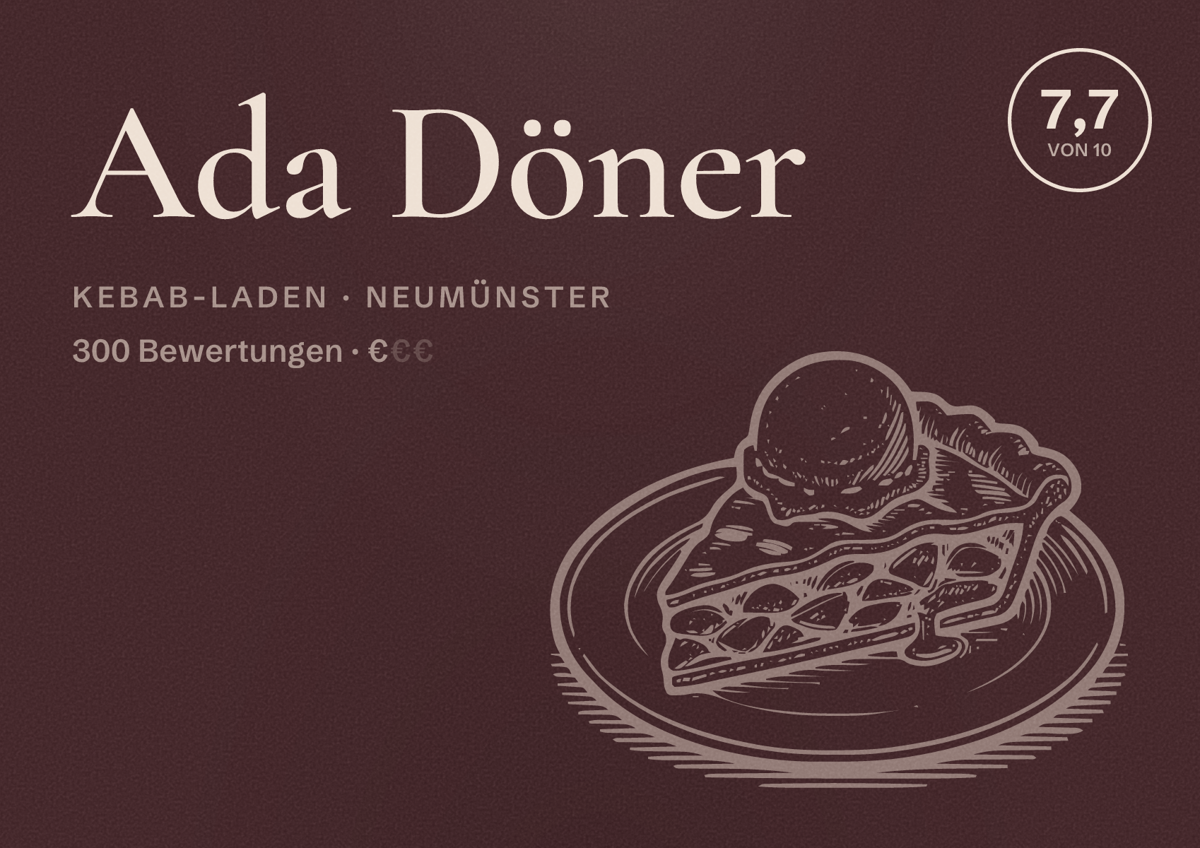 Illustriertes Poster von Ada Döner, Kebab-Laden in Neumünster: Bewertung 7,7 von 10 aus 300 Bewertungen, Preisniveau €