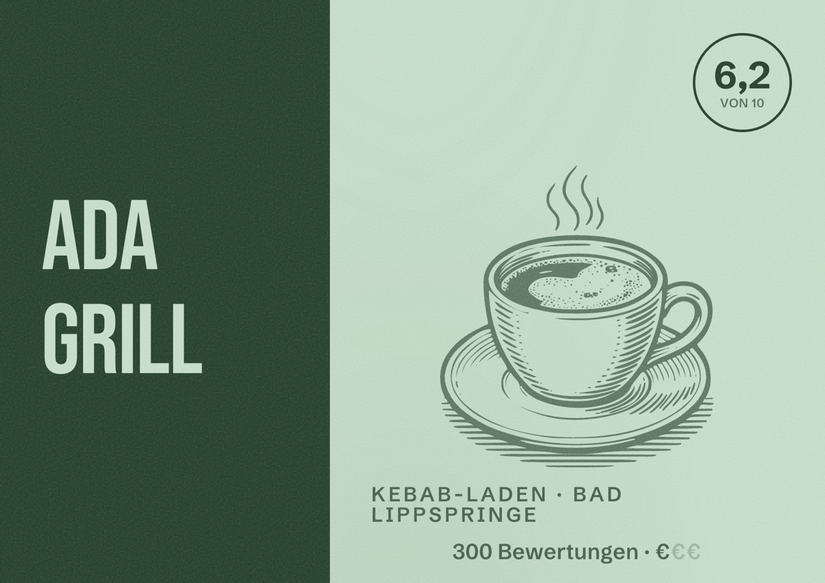 Illustriertes Poster von Ada Grill, Kebab-Laden in Bad Lippspringe: Bewertung 6,2 von 10 aus 300 Bewertungen, Preisniveau €